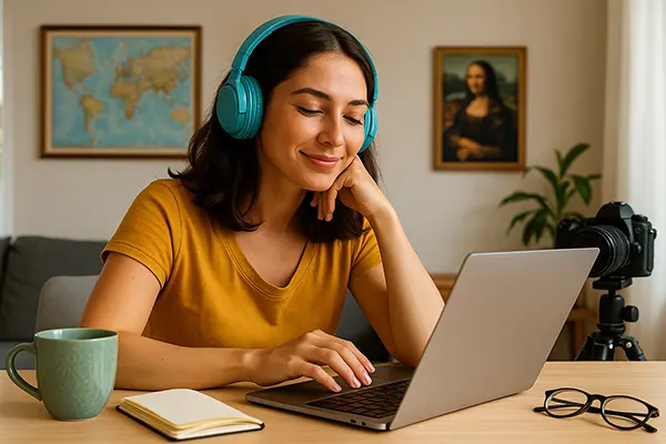 Female traveller using laptop